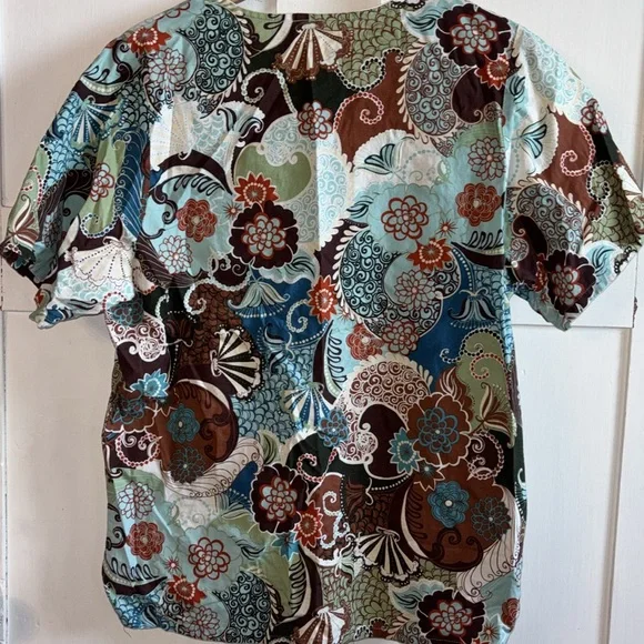 Scrub Tops Print Paisley Whimsy Floral Pattern Teal Royal Blue Brown Size Medium - Picture 6 of 14